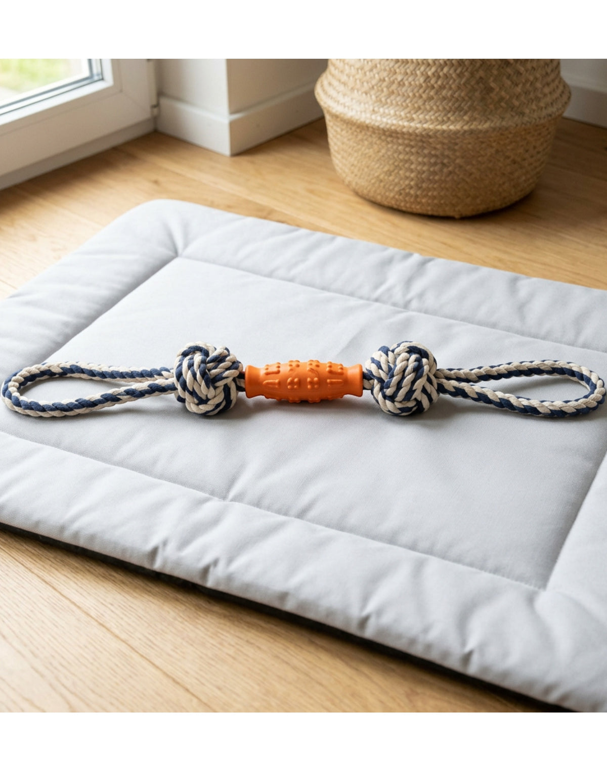Wemko Braided Cotton Rope Tug with TPR Center Grip Navy Natural 62 cm - Lifestyle view